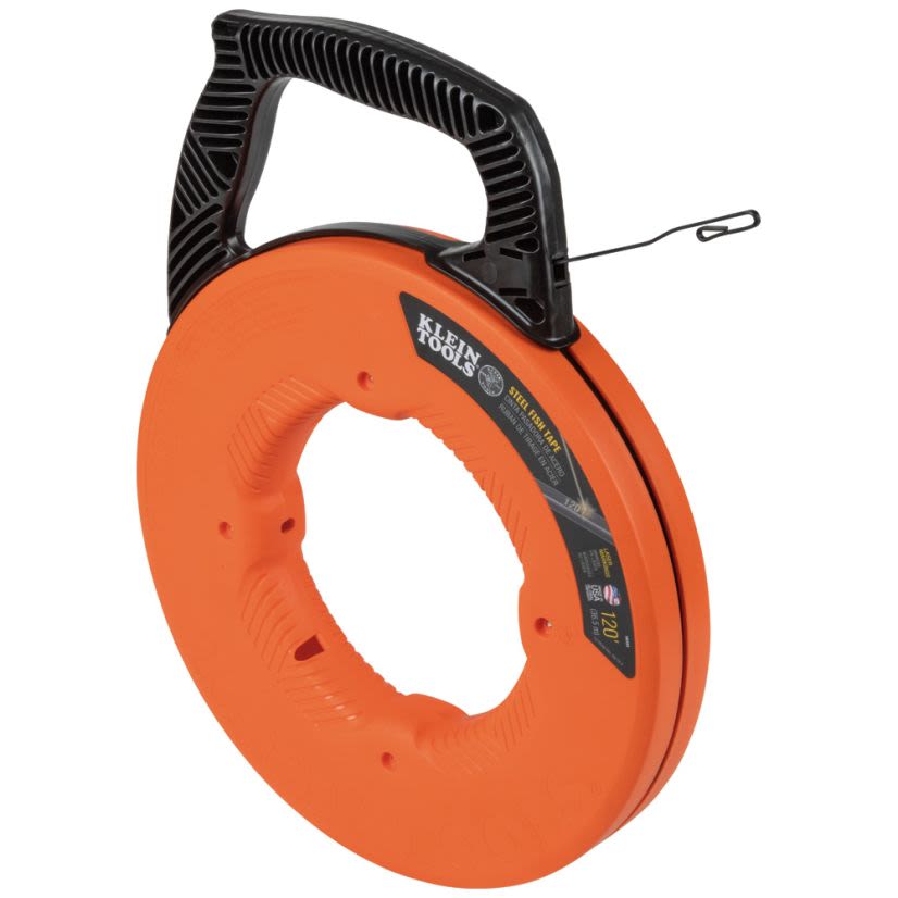 Klein 56333 Durable Slip-Resistant Fish Tape, 0.125 in W x 0.062 in THK Tape, 120 ft L Tape, Double Loop Profile, Steel Tape, Black/Orange
